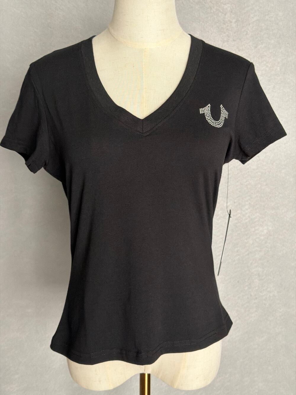 True Religion Buddha Logo T-shirt V-Neck Jet Black Women's Small NEW - Picture 1 of 10